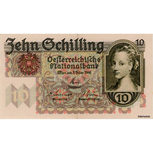 Österr.Nationalbank - 10 Schilling 1946, Vs.Frauenbild, Rs.Haller Münzturm, (KK.230/ANK 260/P.122) Erh. III+