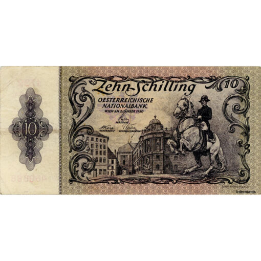 Österr.Nationalbank - 10 Schilling 1950, 2. Auflage, Vs.Reiter der spanischen Hofreitschule vor der Hofburg, Rs.Schloss Belvedere, (KK.236/ANK 266/P.128) Erh. IV