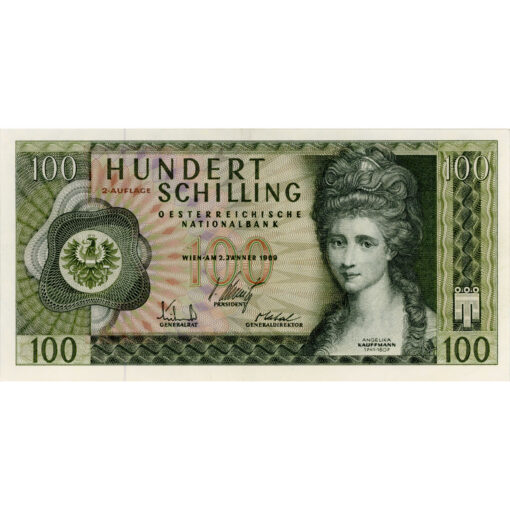Österr.Nationalbank - 100 Schilling 1969, 2. Auflage, Vs. A.Kaufmann, Rs.Bregenzer Waldhaus, (KK 252/P146a) Erh. II