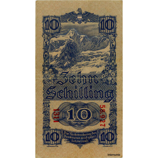 Österr.Nationalbank - 10 Schilling 1945, KN.5 stellig, Papier dick, Rs.Großglockner, (KK. 221a/P114/ANK 251a) Erh. III – Bild 2
