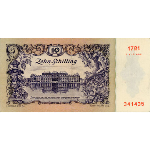 Österr.Nationalbank - 10 Schilling 1950, 2. Auflage, Vs.Reiter der spanischen Hofreitschule vor der Hofburg, Rs.Schloss Belvedere, (KK.236/ANK 266/P.128) Erh. III – Bild 2