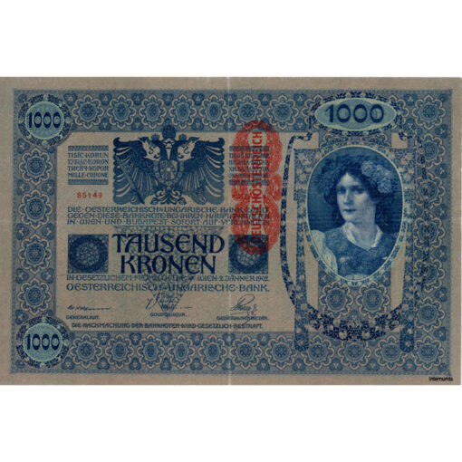 Österreichisch-Ungarische Bank - 1000 Kronen 2.1.1902(1919),Udr.rosa, Aufdruck: senkrecht mit roten DEUTSCHÖSTERREICH - Stempel, (KK.145b/ANK179) Erh. III