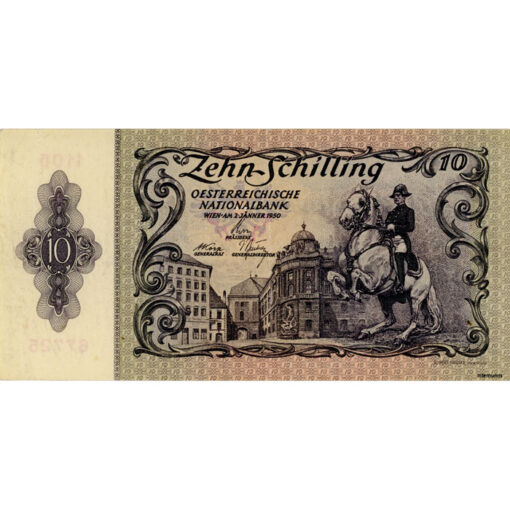 Österr.Nationalbank - 10 Schilling 1950, Vs.Reiter der spanischen Hofreitschule vor der Hofburg, Rs.Schloss Belvedere, (KK.235/ANK 266/P.127) Erh. II