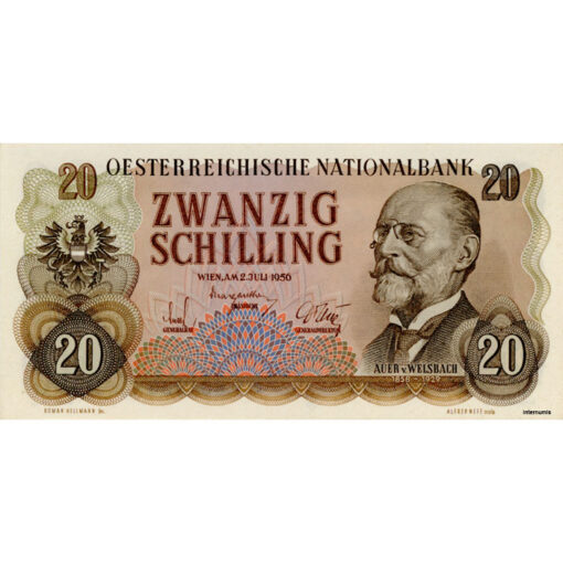 Österr.Nationalbank - 20 Schilling 1956, Vs.Auer von Welsbach, Rs.Kirche Maria Rain vor den Karawanken, (KK.243/ANK273/P.136) Erh. I-