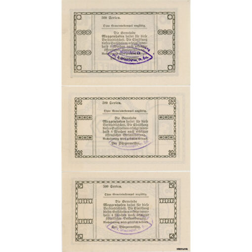 Meggenhofen(OÖ) - 10,20,50 Heller 1920, Papier weiß, Vs. Gemst., Bildseite Druck braun, 500 Serien, (KKN.S603)III)e) Erh. I-