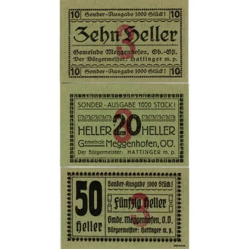Meggenhofen(OÖ) - 10,20,50 Heller o.D., P.grün,Druck schwarz,Vs.mit Aufdruck 3 in rot, Sonder-Ausgabe 1000 Stück, (KKN.S603)V)b) Erh. I