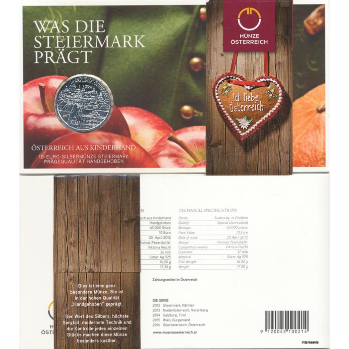 10 Euro 2012, Bundesland Steiermark in Farbblister , (ANK 21 / KM. 3224a) Erh. hgh./Farbblister