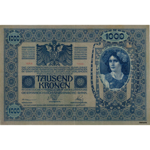Österreichisch-ungarische Bank - 1000 Kronen 2.1.1902(1919),Udr.grünlich, Aufdruck: senkrecht mit roten DEUTSCHÖSTERREICH - Stempel, (KK.145a/ANK179) Erh. III+ – Bild 2