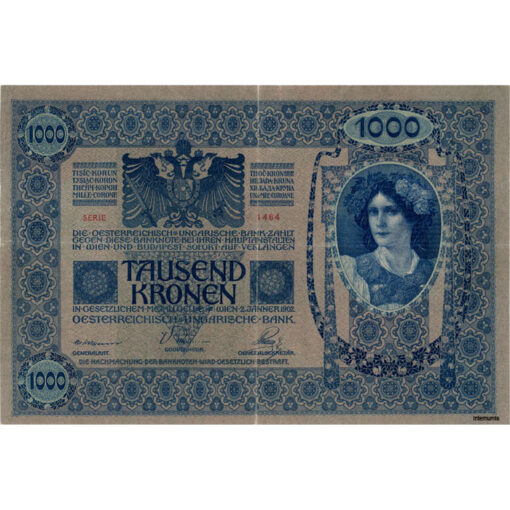 Österreichisch-Ungarische Bank - 1000 Kronen 2.1.1902(1919),Udr.rosa, Aufdruck: senkrecht mit roten DEUTSCHÖSTERREICH - Stempel, (KK.145b/ANK179) Erh. III – Bild 2