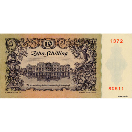 Österr.Nationalbank - 10 Schilling 1950, Vs.Reiter der spanischen Hofreitschule vor der Hofburg, Rs.Schloss Belvedere, (KK.235/ANK 266/P.127) Erh. II+ – Bild 2