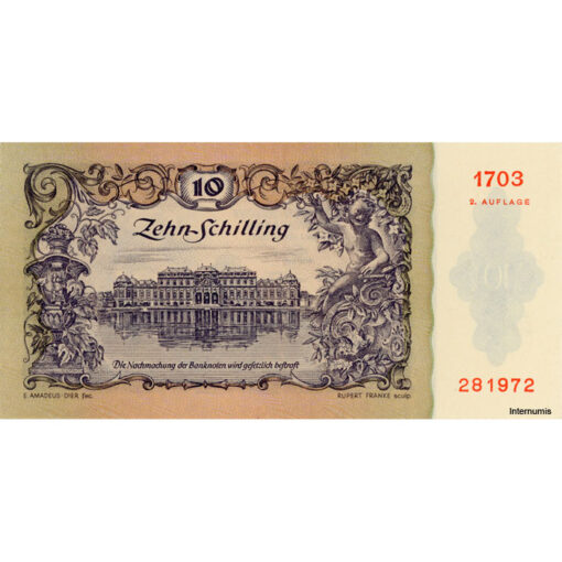 Österr.Nationalbank - 10 Schilling 1950, 2. Auflage, Vs.Reiter der spanischen Hofreitschule vor der Hofburg, Rs.Schloss Belvedere, (KK.236/ANK 266/P.128) Erh. II+ – Bild 2