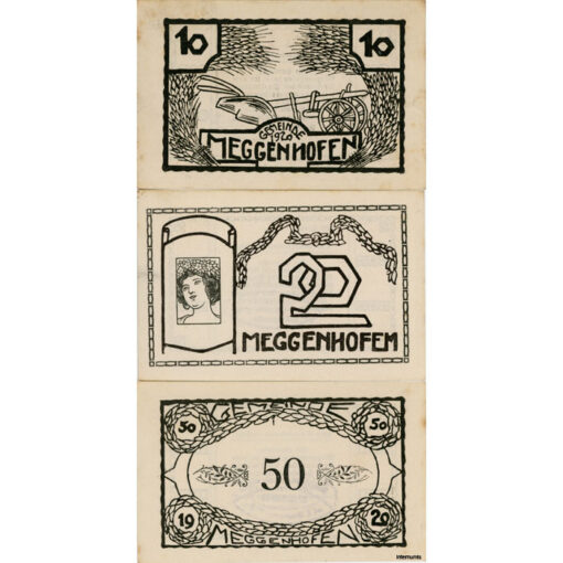 Meggenhofen(OÖ) - 10,20,50 Heller 1920, Papier weiß, Vs. Gemst., Bildseite Druck schwarz, 500 Serien, Stockflecken, (KKN.S603)III)f) Erh. I- – Bild 2