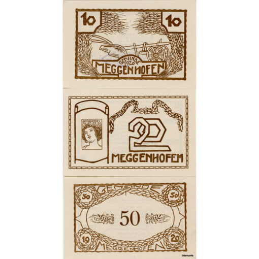 Meggenhofen(OÖ) - 10,20,50 Heller 1920, Papier weiß, Vs. Gemst., Bildseite Druck braun, 500 Serien, (KKN.S603)III)e) Erh. I- – Bild 2