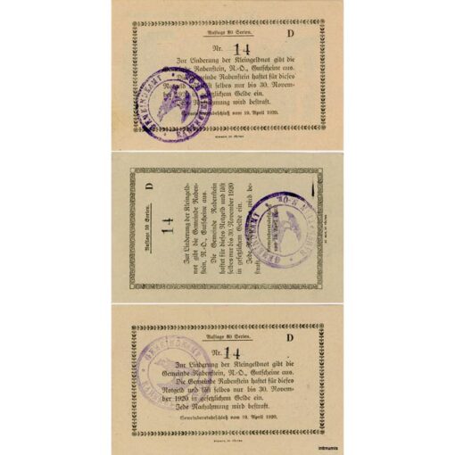 Rabenstein(NÖ) - 20,30,50 Heller 1920, Vs.Glanzpapier, Rs.Bst.D mit Gmst.und KN, Aufl. 80 Serien, (KKN.S808)XI)b)D)) Erh. I/I- – Bild 2