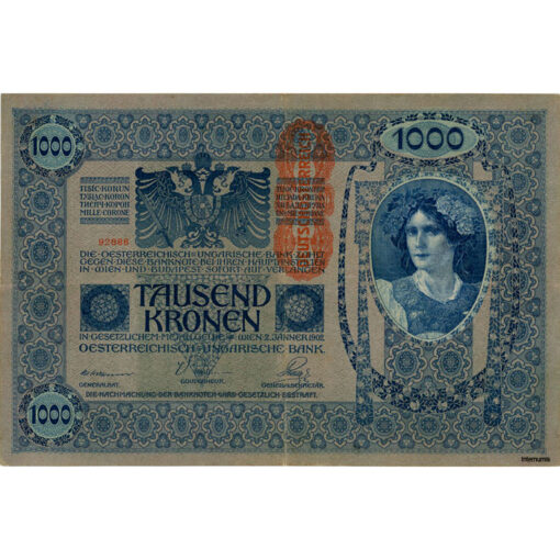 Österreichisch-ungarische Bank - 1000 Kronen 2.1.1902(1919),Udr.grünlich, Aufdr.: senkrecht mit orangen DEUTSCHÖSTERREICH - Stempel nach oben verschoben, (KK.145c/ANK179) Erh. III