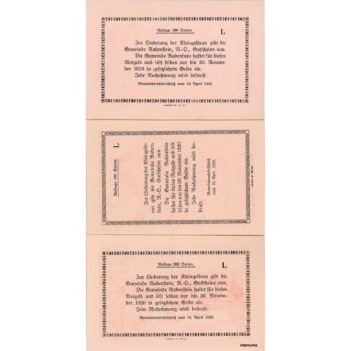 Rabenstein(NÖ) - 20,30,50 Heller 1920, Kreidepapier rosa, Vs.Druck rot, Rs.Druck schwarz, Bst.L, Aufl. 200 Serien, (KKN.S808)XI)e) Erh. I – Bild 2