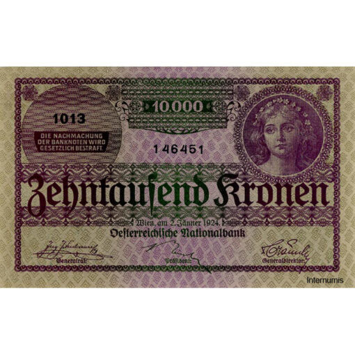 Österr.Nationalbank - 10.000 Kronen 1924, Vs.Frauenkopf, Rs.Ornamente, (KK.175 / AMK 209 / P.85) Erh. I