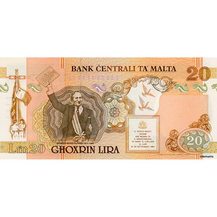 Malta - 20 Liri L.1967 (1994), (P.48) Erh. UNC – Bild 2