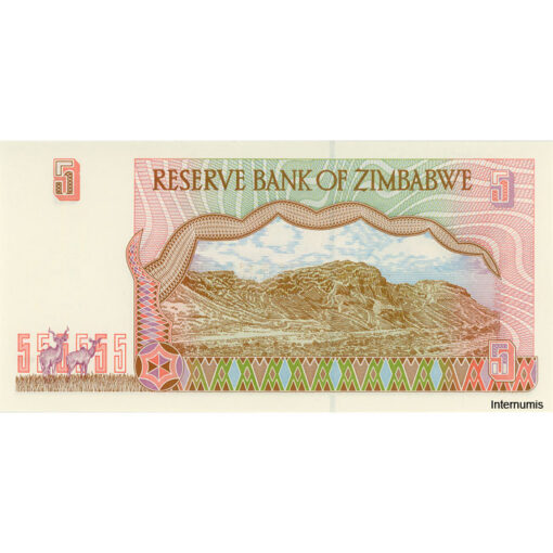 Zimbabwe - 5 Dollars 1997, Rs.hellbraun, (P.5a) Erh. UNC – Bild 2