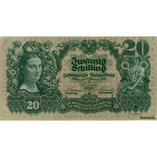 Österr.Nationalbank - 20 Schilling 1928, Vs. Mädchenkopf und Mäher, Rs.Voralpenlandschaft vor Bergen des Salzkammergut, (KK.186a/ AMK 219/P.95) Erh. II-