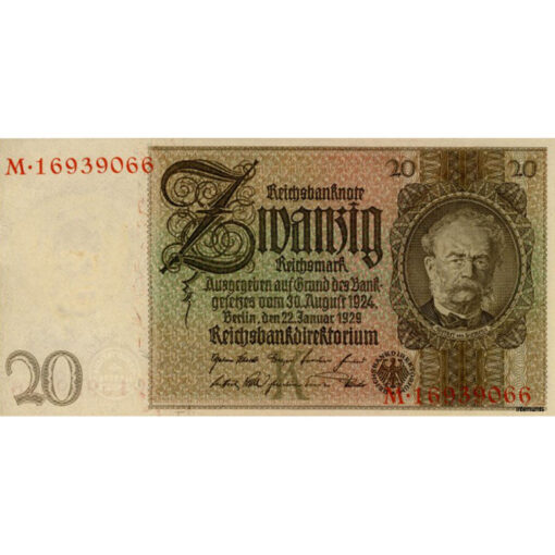 20 Reichsmark 1929, Underdruck Bst.K, Serien Nr.M, Wz.Kopf von Werner von Siemens, Friedensdruck, (KK.195a/P181/AMK.230a) Erh. I