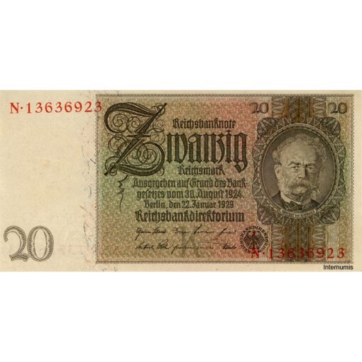 20 Reichsmark 1929, Underdruck Bst.K, Serien Nr.N, Wz.Kopf von Werner von Siemens, Friedensdruck, (KK.195a / P181 / ANK.230a) Erh. I