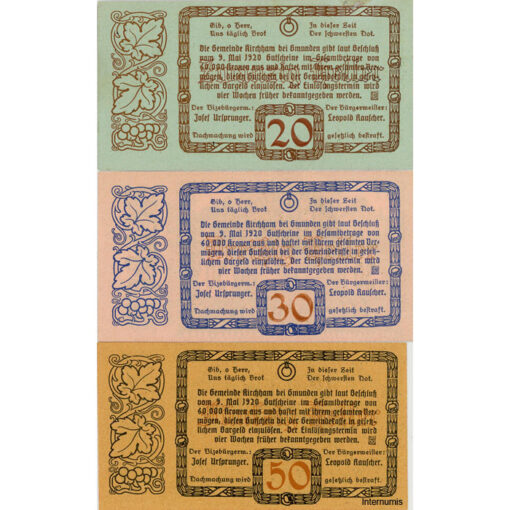 Kirchham(OÖ) - 20,30,50 Heller (-9.5.1920), IV. Auflage, Bildseite: Aufdruck 2 Engeln, Kirchham u. Spezial - Auflage 100 Serien in silber, (KKN.S446)VIII)c) Erh. I