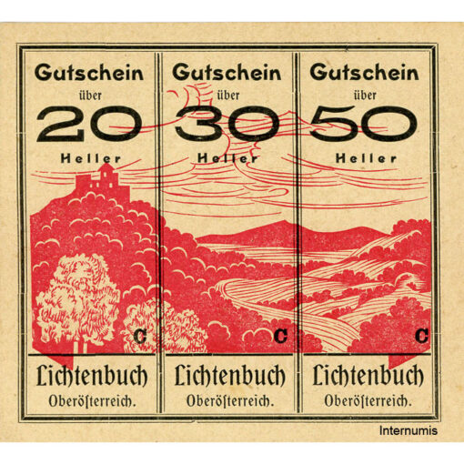 Lichtenbuch(OÖ) - 20,30,50 H. o.D., (-1920), Kuponform, P.gelblich, Vs.Text : 20h uur, 30h nnr, Gmst. schwarz, 2. Aufl, 3000 St., Bs.Bst.C, (KKN.S519)II)c)C) Erh. I – Bild 2