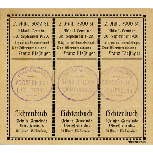 Lichtenbuch(OÖ) - 20,30,50 Heller o.D., (-30.9.1920) , Kuponform, P.gelblich, 2. Aufl., Aufl.3000 St., Gmst. violett, 20h uur, 30h nnr, min.fleckig, (KKN.S519)IIb) Erh. I-