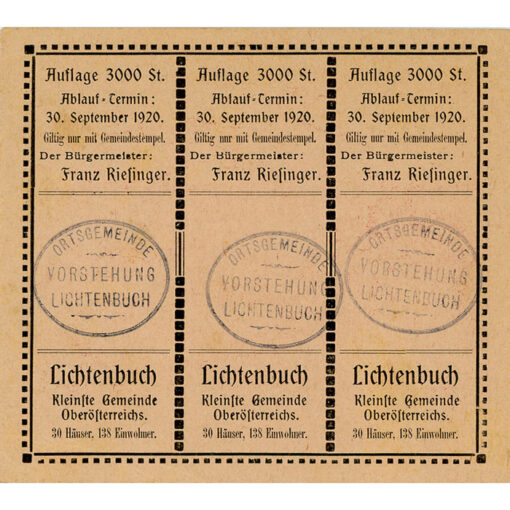 Lichtenbuch(OÖ) - 20,30,50 Heller o.D., (-30.9.1920) , Kuponform, P.rosa,  Gmst. schwarz, 20h uur, 30h nnr, Aufl.3000 St., min.fleckig, (KKN.S519)Ia) Erh. I-
