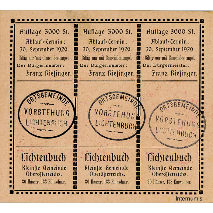 Lichtenbuch(OÖ) - 20,30,50 H. o.D., (-1920) , Kuponform, P.rosa, Bst.E, Gmst. schwarz, Aufl.3000 St., (KKN.S519)I)b)E) Erh. I-