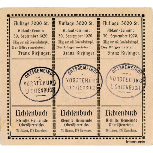 Lichtenbuch(OÖ) - 20,30,50 H. o.D., (-1920) , Kuponform, P.rosa, Bst.P, Gmst. schwarz, Aufl.3000 St., (KKN.S519)I)b)P) Erh. I-/II