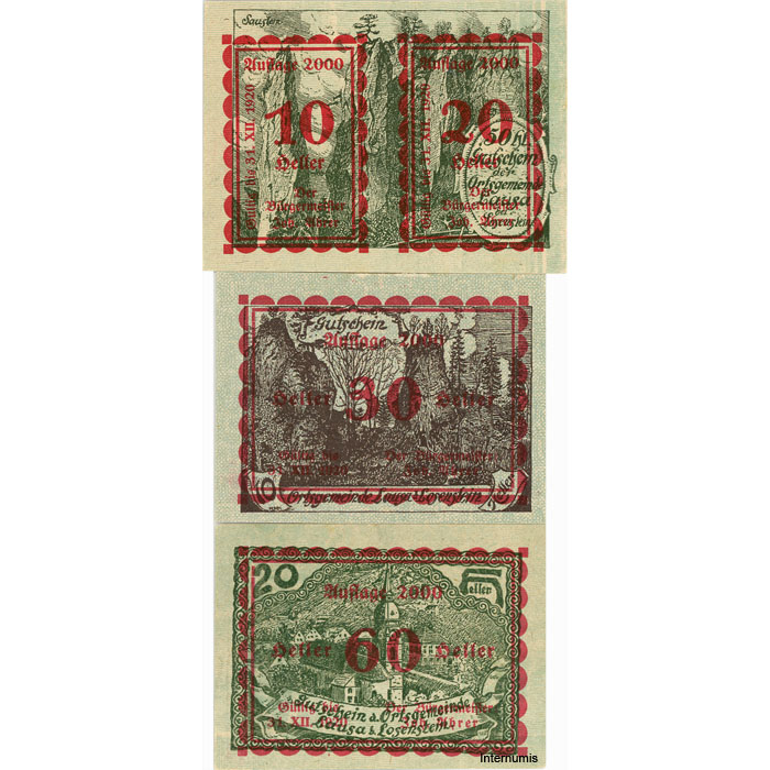 Lausa b. Losenstein(OÖ) - 10 + 20/50, 30/10, 60/20 H.1920, neuer Wertaufdruck auf Ib, Bs.in rot, Aufl.2000, (KKN.S506)III)n) Erh. I – Bild 2