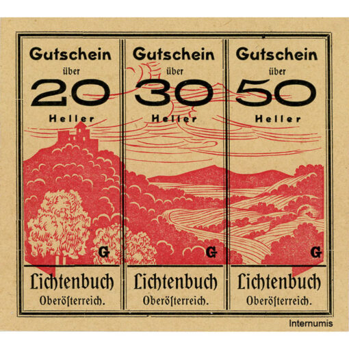 Lichtenbuch(OÖ) - 20,30,50 H. o.D., (-1920) , Kuponform, P.gelblich, Vs.Text : 20h uur, 30h nnr, Gmst. schwarz, 2. Aufl, 3000 St., Bs.Bst.G, (KKN.S519)II)c)G) Erh. I/I- – Bild 2