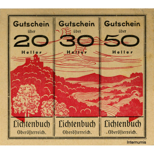 Lichtenbuch(OÖ) - 20,30,50 Heller o.D., (-30.9.1920) , Kuponform, P.gelblich, 2. Aufl., Aufl.3000 St., Gmst. violett, 20h uur, 30h nnr, min.fleckig, (KKN.S519)IIb) Erh. I- – Bild 2