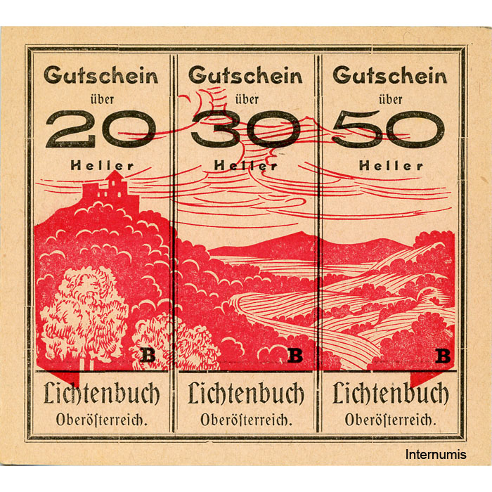 Lichtenbuch(OÖ) - 20,30,50 H. o.D., (-30.9.1920), Kuponform, P.rosa, Bst.B , Vs.20h uur, 30h nnr, Gmst. schwarz, Aufl.3000 St., (KKN.S519)Ib)B) Erh. I/I- – Bild 2