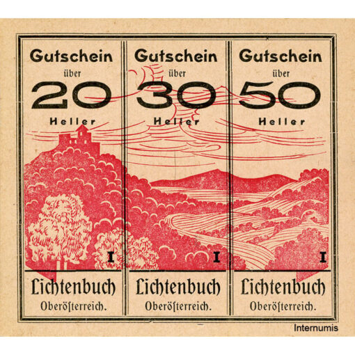 Lichtenbuch(OÖ) - 20,30,50 H. o.D., (-1920) , Kuponform, P.rosa, Bst.I, Gmst. schwarz, Aufl.3000 St., (KKN.S519)I)b)I) Erh. I/I- – Bild 2