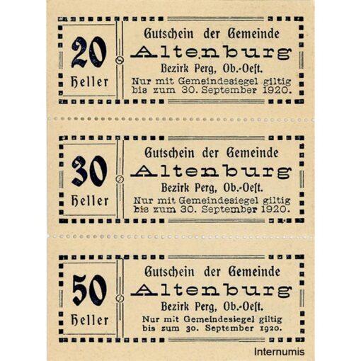 Altenburg/Perg (OÖ) - 20,30,50 Heller o.D.,(1920),in Kuponform perforiert, P.weiß, Vs. Dr.blau, Rs.Gmst., 2. Auflage, 1500 Blaudruck, (KKN.S26)II)a) Erh. I/I-