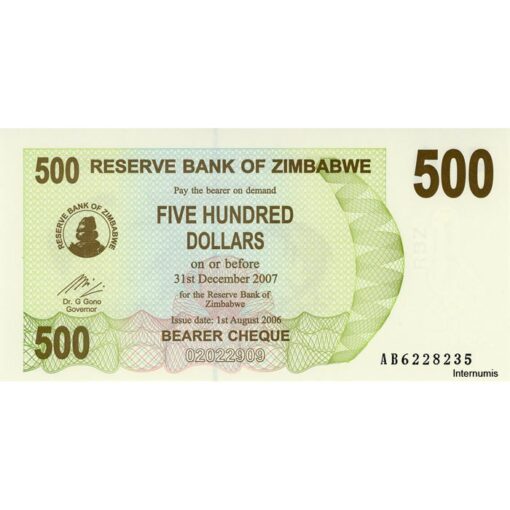 Zimbabwe - 500 Dollars 1.8.2006, (P.43) Erh. UNC
