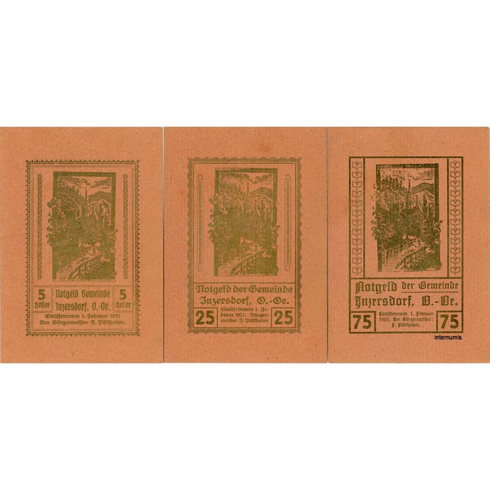 Inzersdorf(OÖ) - 5,25,75 Heller o.D.,(-1.2.1921), Papier braun, Druck bds. gold mit Gmstpl., 60 Serien, (KKN.S415)III)k) Erh. I/I-