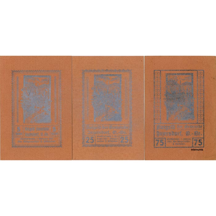 Inzersdorf(OÖ) - 5,25,75 Heller o.D.,(1.2.1921), Papier braun, Druck bds. Silber mit Gmstpl., 60 Serien, (KKN.S415)III)l) Erh. I/I-