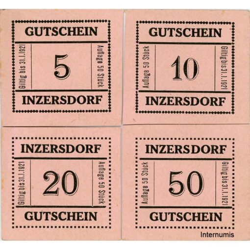 Inzersdorf(OÖ) - 5,0,20,50 Heller o.D.(-31.1.1921),Kp.rosa, Vs.Dr.schwarz, Rs. Gemstpl. verkehrt, Auflage 50 Stück, (KKN.S415)IX)f) Erh. I-