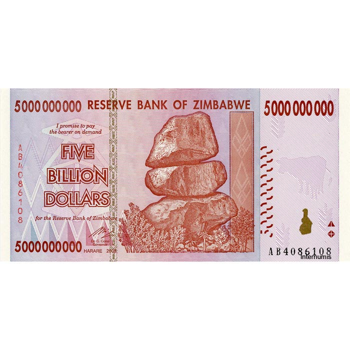 Zimbabwe - 5 Milliarden (Billionen) Dollars 2008, (P.84) Erh. UNC