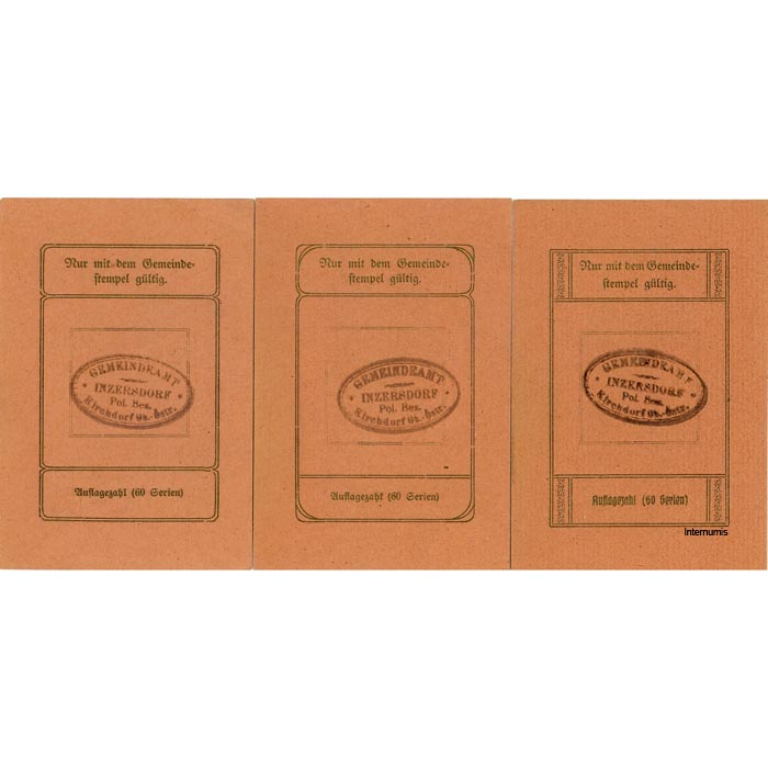 Inzersdorf(OÖ) - 5,25,75 Heller o.D.,(-1.2.1921), Papier braun, Druck bds. gold mit Gmstpl., 60 Serien, (KKN.S415)III)k) Erh. I/I- – Bild 2