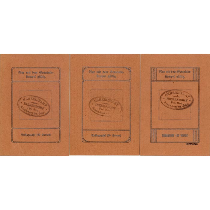 Inzersdorf(OÖ) - 5,25,75 Heller o.D.,(1.2.1921), Papier braun, Druck bds. Silber mit Gmstpl., 60 Serien, (KKN.S415)III)l) Erh. I/I- – Bild 2