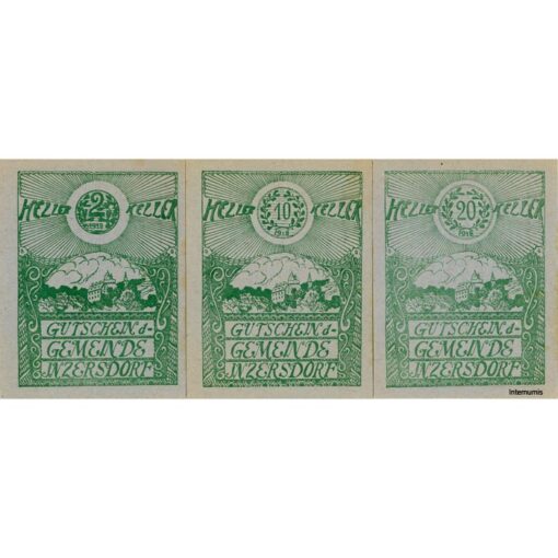 Inzersdorf(OÖ) - 2,10,20 Heller o.D.(-31.3.1921),P.blau, Vs.Dr.schwarz, 1. Auflage 100 Stück.,Bild grün, Stockflecken, (KKN.S415)II)c) Erh. I/I- – Bild 2