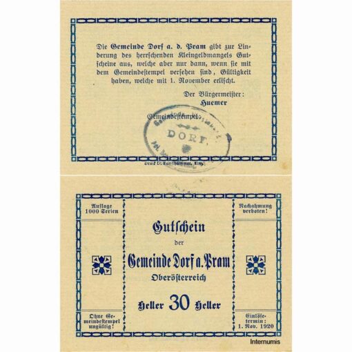 Dorf an der Pram(OÖ) - 30 Heller o.D., P.grün, Dr.bds.blau, Gmst.Typ2, Aufl.1000 Serien, (KKN.S129)II)a) Erh. I/I-