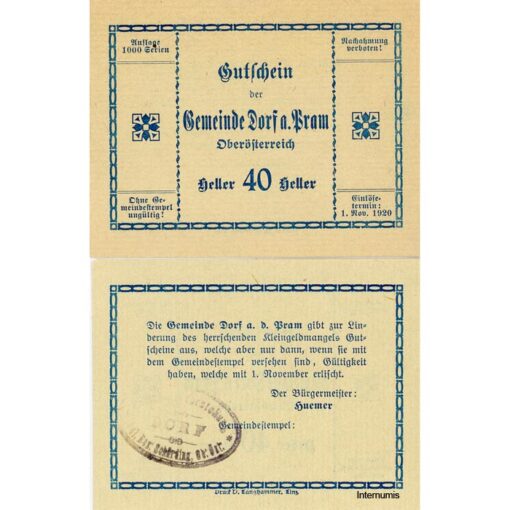 Dorf an der Pram(OÖ) - 40 Heller o.D., P.grün, Dr.bds.blau, Gmst.Typ1, Aufl.1000 Serien, (KKN.S129)II)a) Erh. I/I-