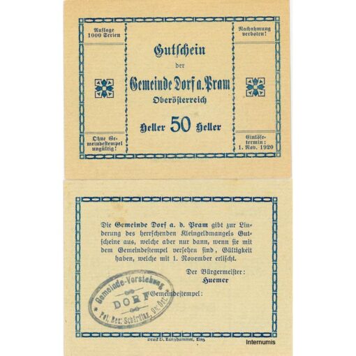 Dorf an der Pram(OÖ) - 50 Heller o.D., P.grün, Dr.bds.blau, Gmst.Typ1, Aufl.1000 Serien, (KKN.S129)II)a) Erh. I/I-