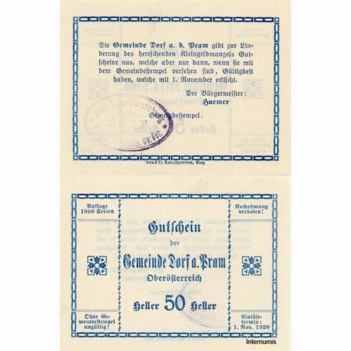 Dorf an der Pram(OÖ) - 50 Heller o.D., P.weiß, Dr.bds.blau, Gmst.Typ1, Aufl.1000 Serien, (KKN.S129)II)b) Erh. I